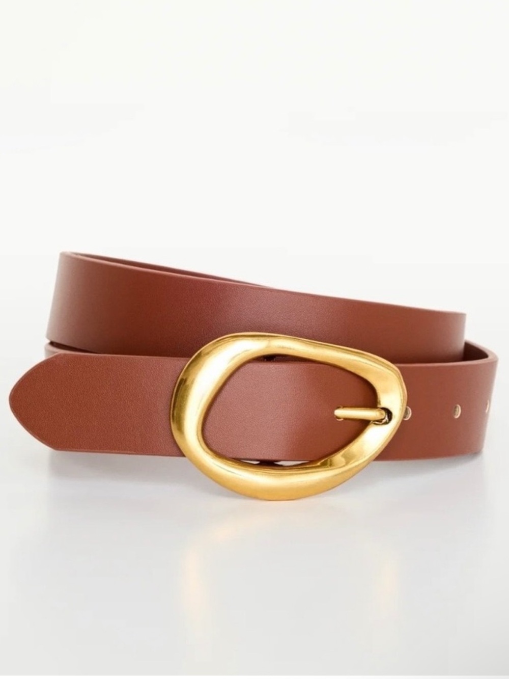Good American Brown Leather Belt with Gold Chunky Oval Buckle